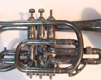 RARE, Antique Hawkes & Son clippertone class-A Cornet, Silver plated, well-used, minor damage - exceptionally scarce and collectable !