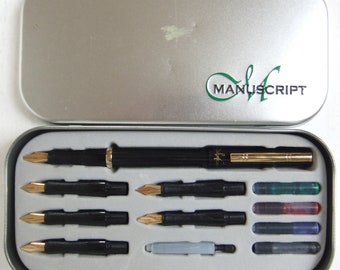 Manuscript Fountain Pen Set in bespoke tin case - 6 Nibs, Convertor, Ink Cartridges - Unused
