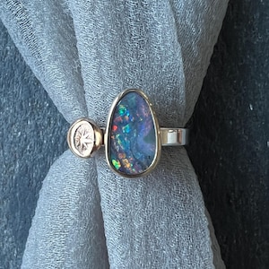 Moonscapes Australian boulder opal ring in 14k yellow gold sterling silver, size 6 1/2