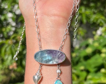 Beach comber necklace with ocean plume fluorite and Australian Lightning Ridge opal in sterling and fine silver.