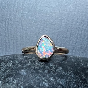 Electric pink and teal Australian boulder opal ring in 14k solid yellow gold, size 7 1/2 US