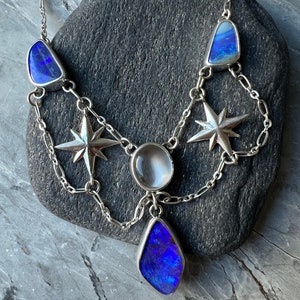 Starry night moonstone and boulder opal festoon necklace in sterling and fine silver.