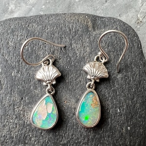 Sunrise seashell shimmering teal Australian crystal opal earrings in sterling and fine silver