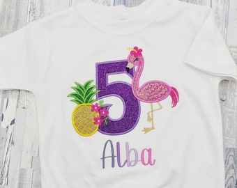 T-shirt ou body anniversaire enfant personnalisé - Flamand rose scintillant avec ananas, chiffre au choix personnalisé au prénom de l'enfant