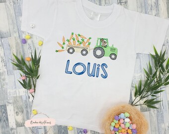 T-shirt personnalisé lapin sur son tracteur de carottes | T-shirt blanc personnalisé lapin | tracteur | T-shirt personnalisé garçon tracteur