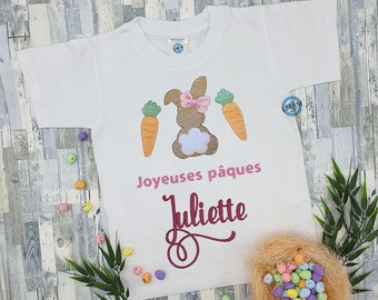 T-shirt lapin de pâques personnalisé | Tshirt lapin de pâques, carottes | T-shirt Pâques fille |T shirt personnalisé au prénom de l'enfant