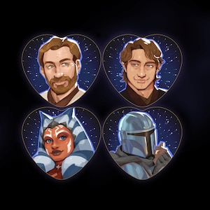 May include: Four heart-shaped portraits of Star Wars characters: Obi-Wan Kenobi, Anakin Skywalker, Ahsoka Tano, and The Mandalorian. Each portrait is set against a dark blue background with white star-like accents, creating a celestial effect.