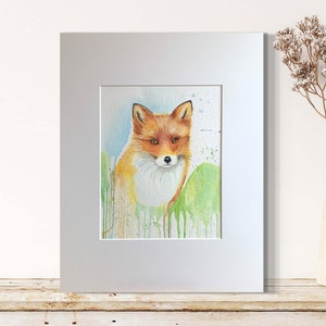 Aquarela Fox com passepartout, feita à mão única,