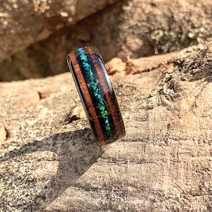 Handcrafted Black Tungsten Steel Ring with Wood Inlay and Blue Opal - Unique Men’s Wedding Band, Rustic Jewelry, Custom Gift for Him