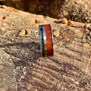 Silver ring with sapele wood inlay and abalone shell , ring for men , ring for women , titanium ring, wedding ring , engagement ring