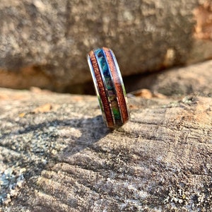 Sapele Wood & Abalone Shell Ring with Tungsten Core - Custom Handmade Jewelry, Unique Wedding Band, Eco-Friendly Gift
