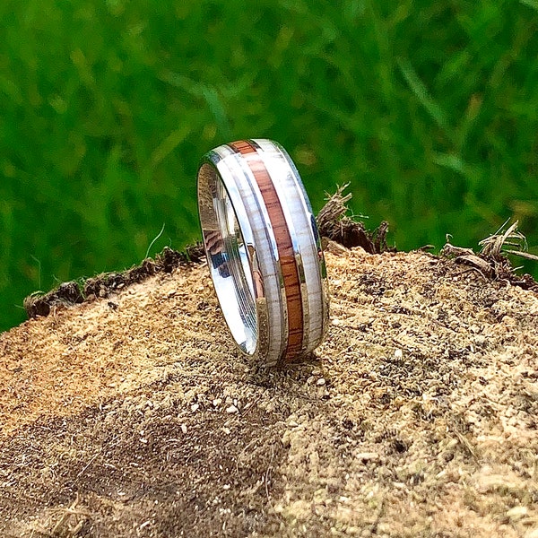 Silver ring with Dinosaur bone inlay , sapele wood ring , mens ring , womens ring , stainless steel ring , engagement ring , boho ring