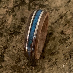 wooden ring with blue opal , silver inlay ring , engagement ring , wedding band , mens ring , woman’s ring, anniversary gift