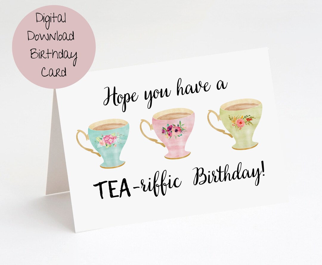Tea Cup Birthday Card Digital Download, Printable Tea Cup Birthday Card