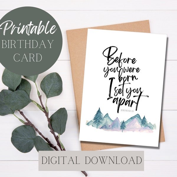 Christian birthday card printable religious card with scripture verse. Digital download birthday card watercolor mountains instant download