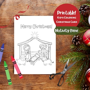 Kid&#39;s coloring nativity scene Christmas card, Printable color in religious Christian greeting card, instant download, Craft for kids,