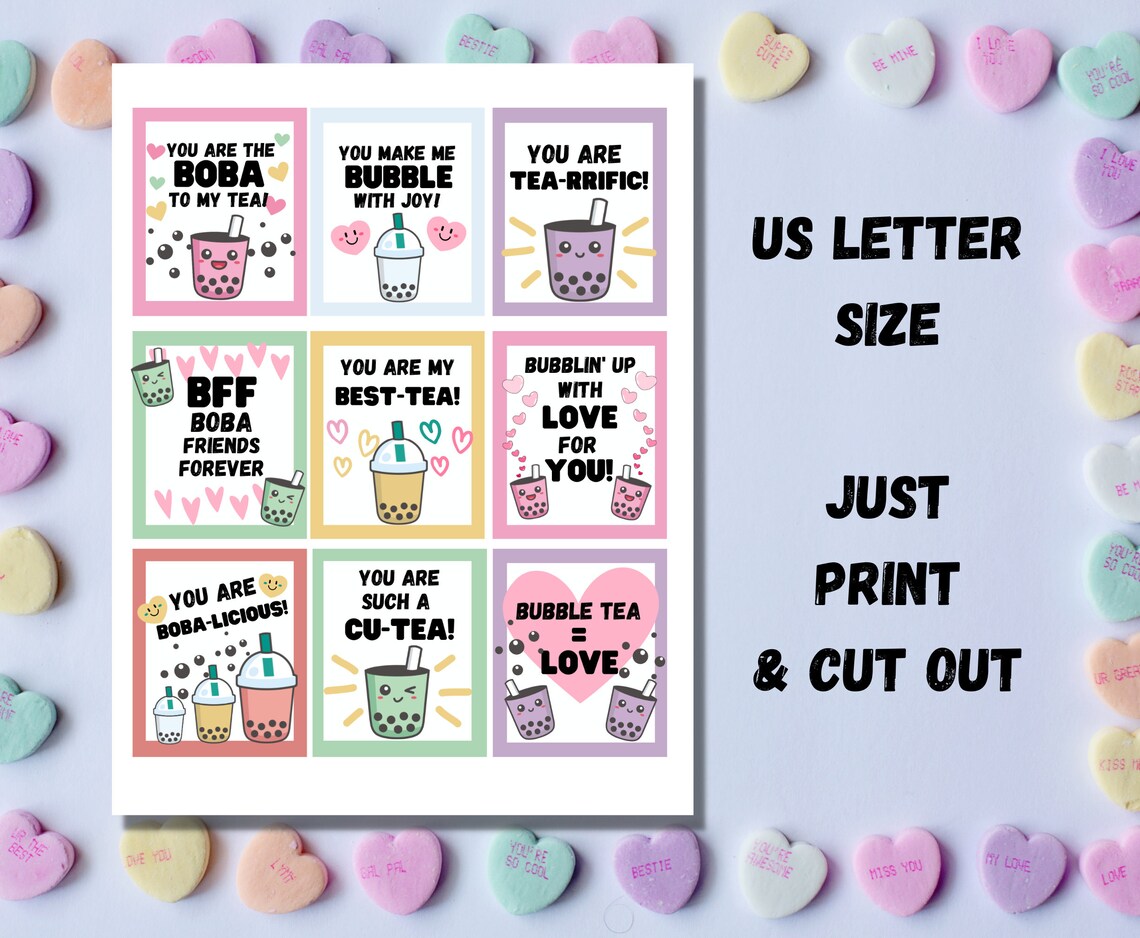 Bubble Tea Valentines Day Printable Cards, Boba Tea Cute Instant ...