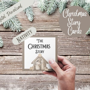 Cartes d'histoire de Noël scène de la nativité téléchargement instantané, récit biblique chrétien imprimable de la naissance de Jésus verset de l'Écriture Luc 2 cartes