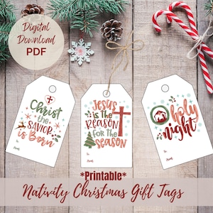 Etiquetas navideñas imprimibles para regalos, Jesús es la razón, noche santa, rojo cristiano, descarga digital instantánea verde, espiritual, etiquetas religiosas