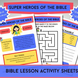 Super Hero Bible activity sheets digital download, sunday school church activity games Esther Bible lesson instant download printable