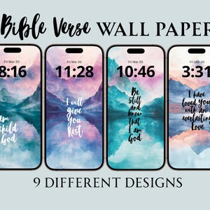 Puede incluir: Cuatro pantallas de teléfonos inteligentes que muestran fondos de pantalla con versículos bíblicos con fondos escénicos en tonos de azul, morado y rosa. Cada pantalla muestra una hora diferente y una cita inspiradora. El texto "Bible Verse WALL PAPER" está en la parte superior y "9 DIFFERENT DESIGNS" en la inferior.