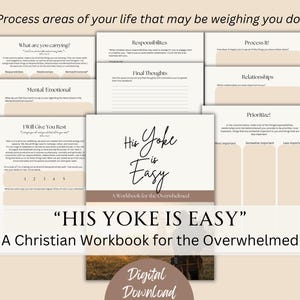 May include: A digital download workbook titled "His Yoke Is Easy" with a Christian theme for people who are feeling overwhelmed. The cover features a brown and white image of a horse and rider in a field at sunset.