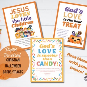 Christian Halloween cards tracts to pass out, treats, Bible verse Jesus loves little children handouts candy, fall festival digital download