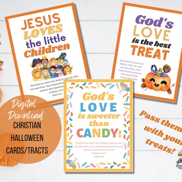 Christian Halloween cards tracts to pass out, treats, Bible verse Jesus loves little children handouts candy, fall festival digital download