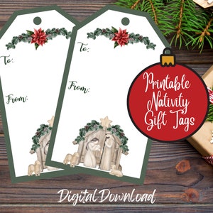 Printable nativity Christmas gift tags, religious Christmas advent manger scene baby Jesus digital download, instant download gift tags