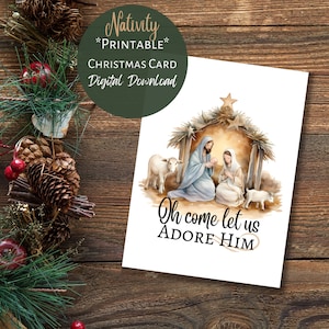 Druckbare Krippe Weihnachtskarte, digitaler sofortiger Download, Joseph Maria und Jesuskind religiöse christliche Karte, Oh komm, lass uns ihn anbeten