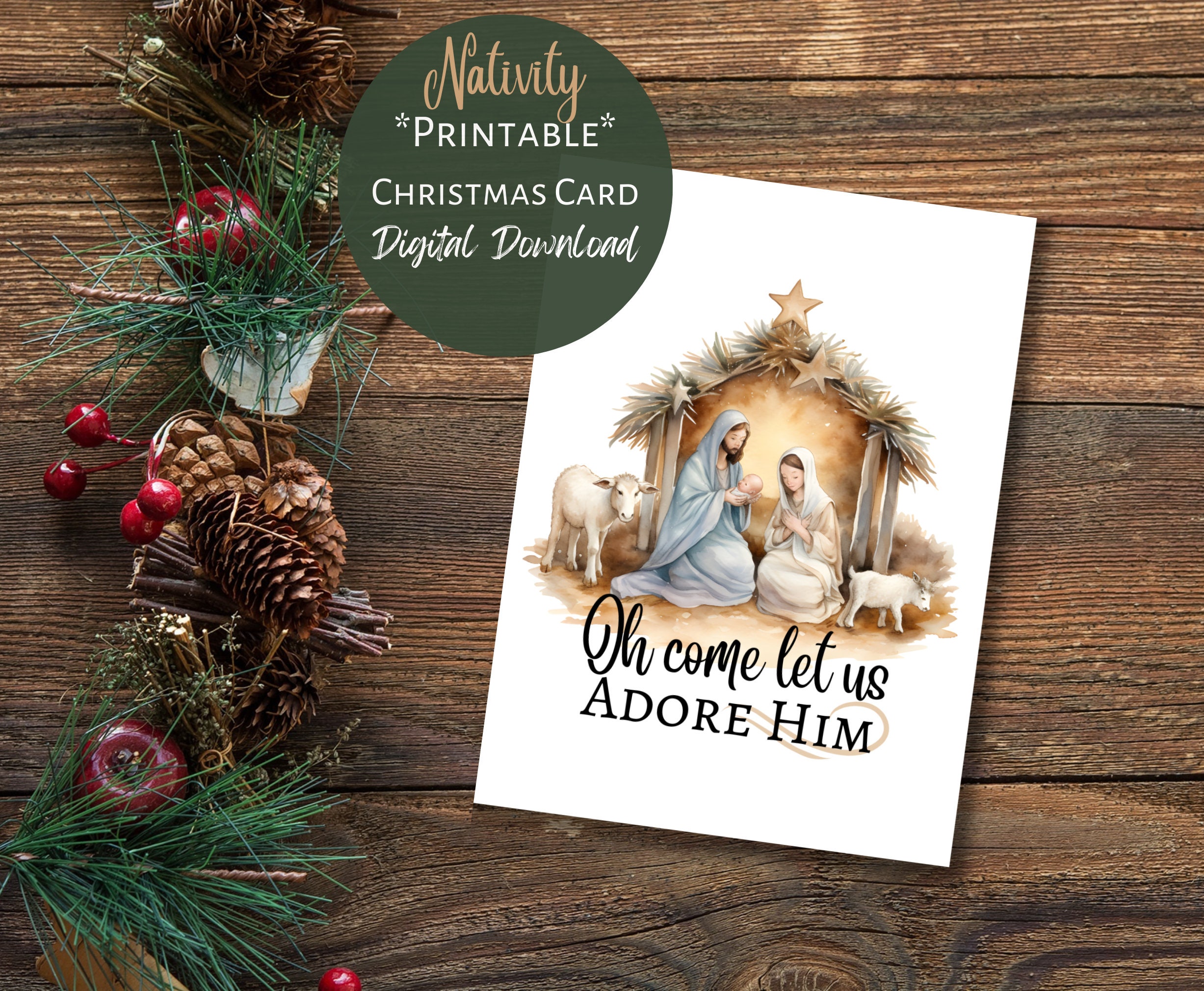 printable nativity christmas card, digital instant download