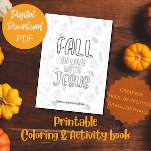 Livro de atividades para colorir cristão para impressão, festival de outono, doces ou travessuras, apostila de halloween, outono religioso, download digital, livreto