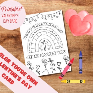 Imprimible para colorear tarjeta de San Valentín niños artesanía descarga digital, Jesús te ama cristiano descarga instantánea tarjeta de color de San Valentín religioso