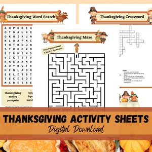 Thanksgiving activity sheets digital download, printable worksheets historical traditional thanksgiving, kids puzzles games instant download