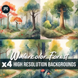 May include: Four watercolor paintings of a forest scene with a path leading through the trees. The paintings feature different color palettes and lighting effects, creating a variety of moods.