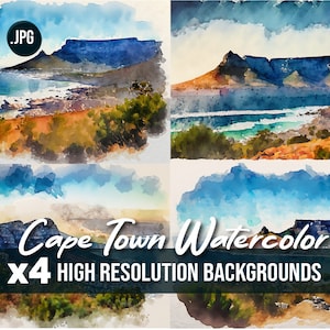 Cape Town Table Mountain Watercolor Paintings, Bundle of 8 Art Prints, Theme Digital Canvas Painting, Commercial Use Digital Download