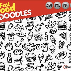 May include: Black and white doodle illustrations of various fast food items, including burgers, fries, pizza, hot dogs, ice cream cones, and more. The text "Fast Food Doodles" is at the top of the image.