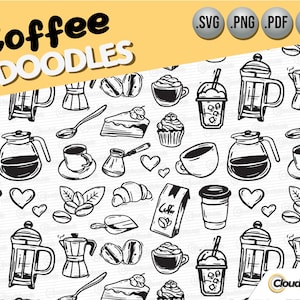 Pode incluir: Ilustrações de rabiscos em preto e branco de itens relacionados ao café, incluindo xícaras de café, bules de café, grãos de café e doces. O texto "Coffee Doodles" está no topo da imagem.