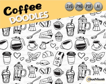 Garabatos de café, arte vectorial de garabatos. Clipart de garabatos dibujados a mano. Descarga digital, Dibujos de garabatos, Sketch SVG, Pdf, Ai y Png.