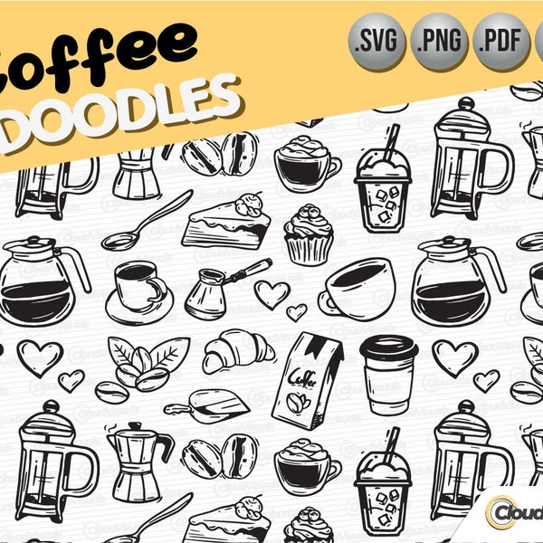 COFFEE DOODLES, Doodle vector art. Hand Drawn Doodle Clipart. Digital Download, Doodle Drawings, Sketch SVG, Pdf, Ai & Png file.
