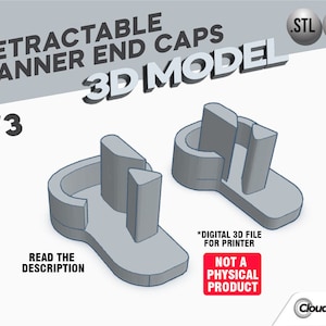 Peut inclure: Modèle 3D de capuchons d'extrémité de bannière rétractables, version 3, aux formats STL et OBJ. Le modèle est gris et de forme arrondie. Le texte "NOT A PHYSICAL PRODUCT" est visible en rouge.