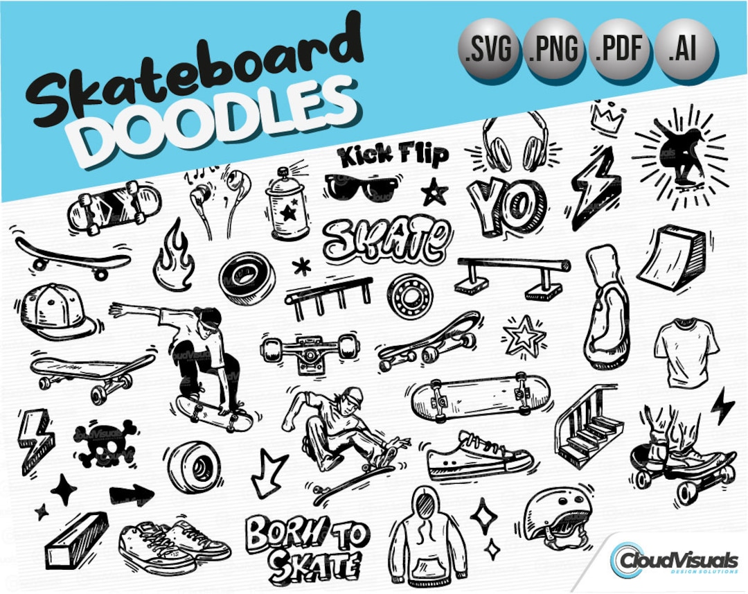 SKATEBOARD DOODLES, Doodle Vector Art. Hand Drawn Doodle Clipart