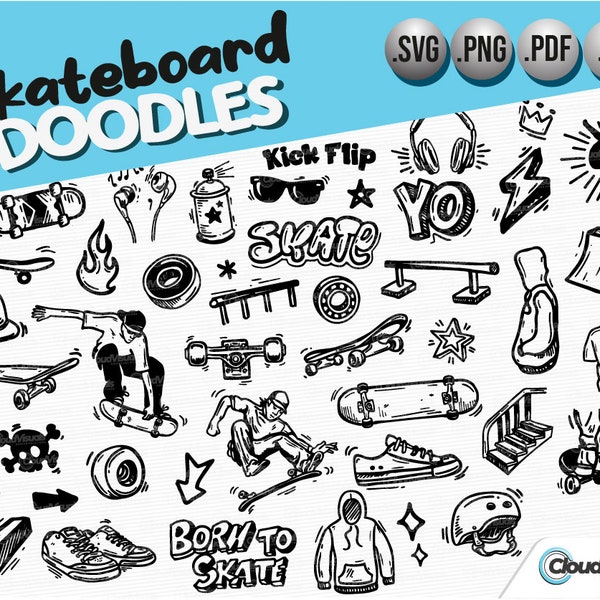 SKATEBOARD DOODLES, Doodle vector art. Hand Drawn Doodle Clipart. Digital Download, Doodle Drawings, Sketch SVG, Pdf, Ai & Png file.