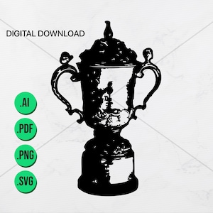 May include: Black and white silhouette of a trophy cup with two handles. The cup has a round base and a tall, cylindrical body.