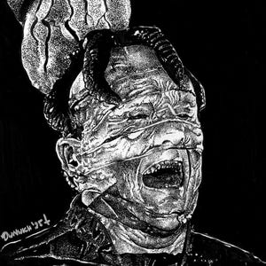 May include: A black and white illustration of a grotesque figure with a distorted face, mouth agape, and eyes covered. The artwork has a textured, almost sculpted appearance, with dark, ominous details. The style is reminiscent of horror or dark fantasy art.