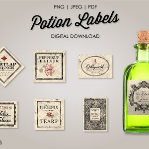 Könnte beinhalten: Ein digitaler Download mit Vintage-Tranketiketten. Die Etiketten enthalten Texte wie "Murtlap Essence", "Pepperup Elixir" und "Wolfsbane". Eine grüne Glasflasche mit Korken ist ebenfalls abgebildet. Der Text "Potion Labels" und "Digital Download" ist ebenfalls enthalten.