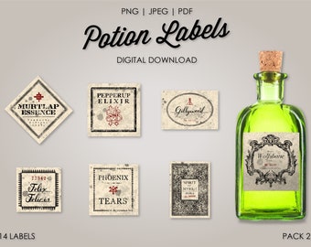 Potion Label Pack 2, Apothecary Labels, Halloween Clipart, Potion Label Stickers, Bottle Stickers, Wizard Decoration, Wizard Party Download