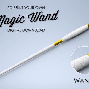May include: A white magic wand with a gold tip and a white and gold grip. The wand is labeled "WAND 4".