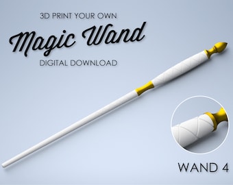 Może przedstawiać: Biała różdżka magiczna z pozłacaną końcówką i biało-złotym uchwytem. Różdżka jest oznaczona jako "WAND 4".