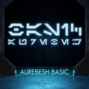 Puede incluir: Una imagen negra y azul con el texto "AUREBESH BASIC" en letras blancas. La imagen presenta un fondo futurista y metálico con una gran puerta octogonal.